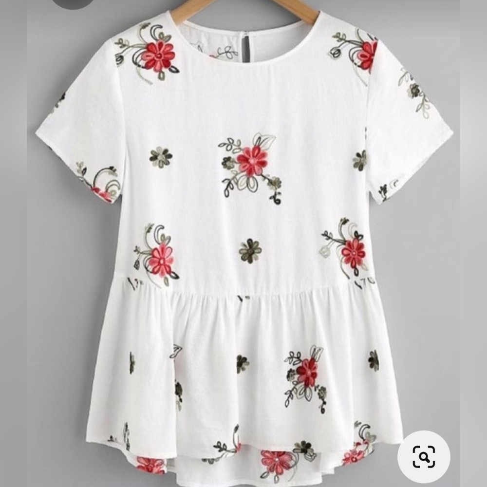 White Floral Peplum Blouse-Size Small